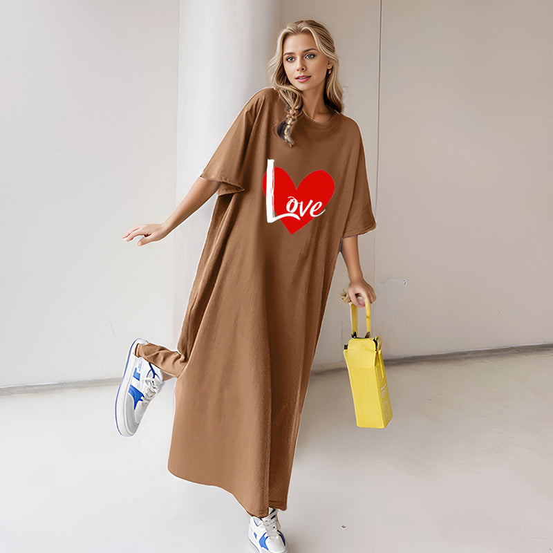 Damen nan locker geschnittenes Maxikleid mit großem Herzgrafikprint und Rundhalsausschnitt Shop Nory