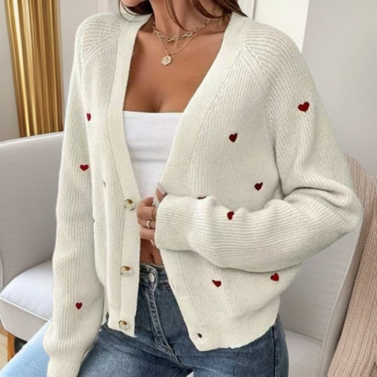 Damen lässige Strickjacke mit Herzapplikationen und tiefem V-Ausschnitt