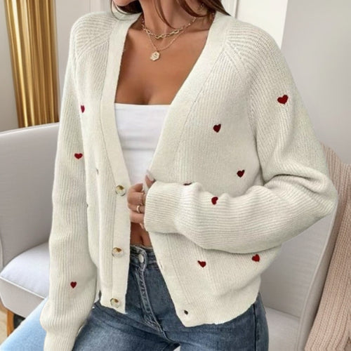 Damen lässige Strickjacke mit Herzapplikationen und tiefem V-Ausschnitt