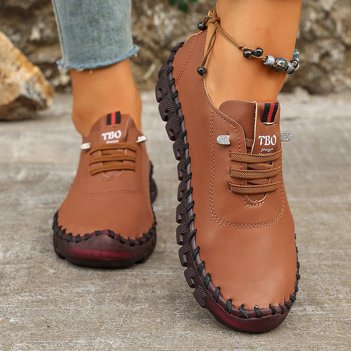Damen Freizeit-Leder-Sneaker mit elastischen Schnürsenkeln und rutschfester Sohle