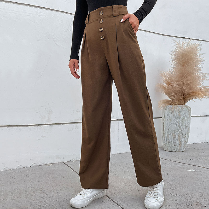 Damen Hochtaillierte weite Stoffhose mit Zierknopfleiste und Bundfalten Shop Nory
