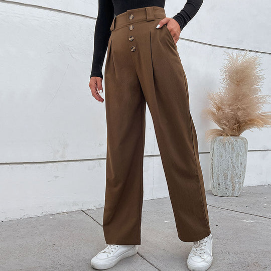 Damen Hochtaillierte weite Stoffhose mit Zierknopfleiste und Bundfalten Shop Nory