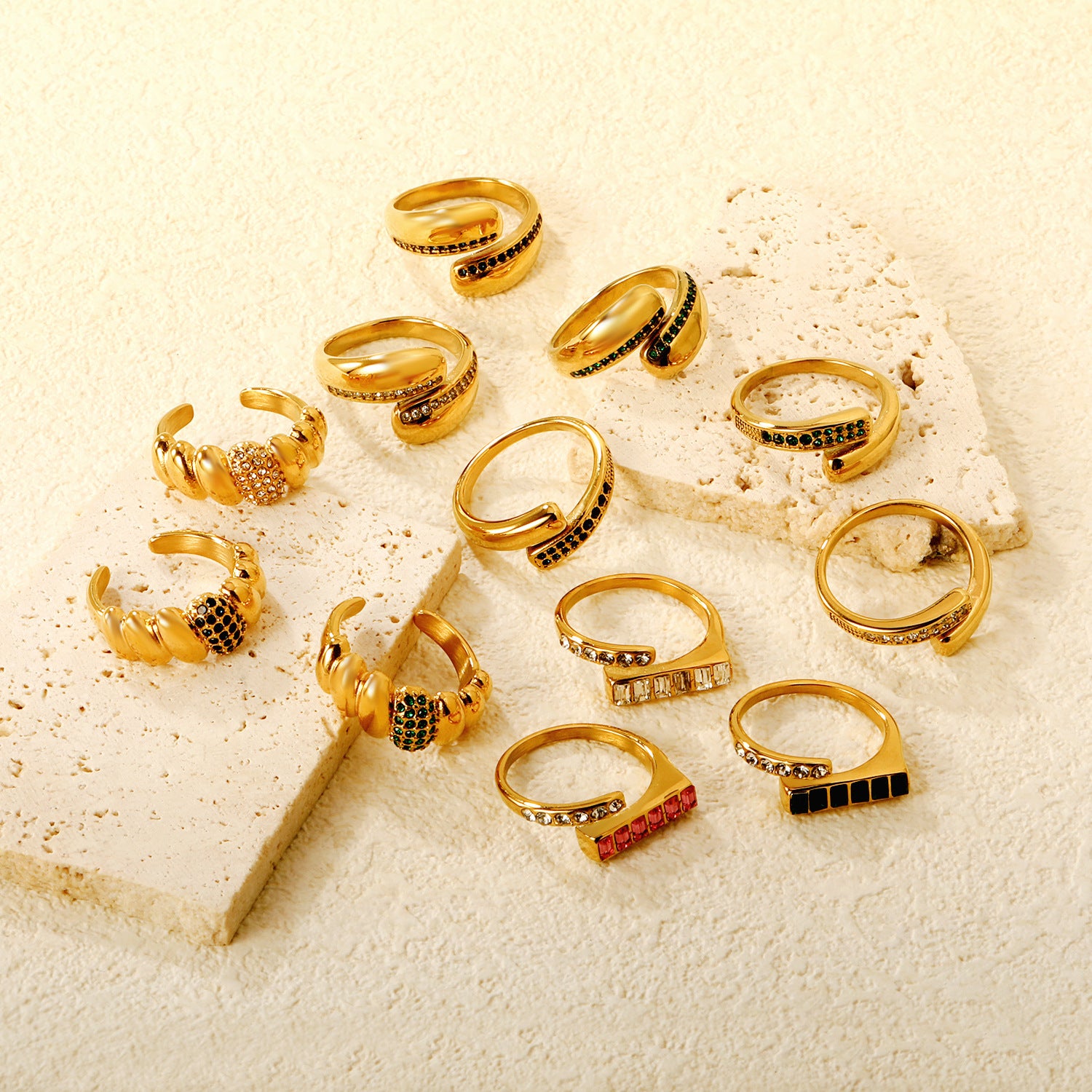 Damen Verstellbarer Ring mit glitzernden Zirkonia und modernen Grüntönen Shop Nory