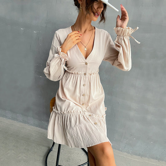 Damen Button-Midikleid mit V-Ausschnitt, Rüschen-Taille und Bindärmeln Shop Nory