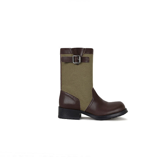 Damen Leder-Leinen Mid-Calf Stiefel mit Schnallenriemen Shop Nory
