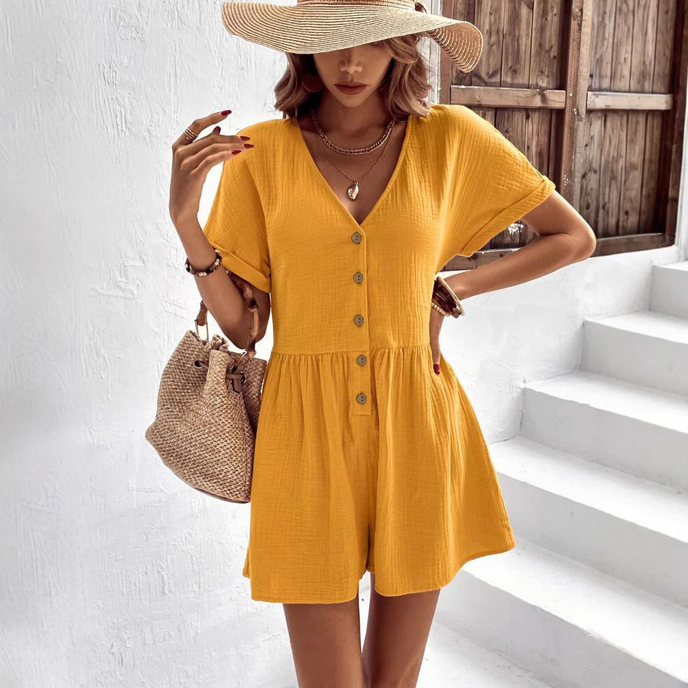 Damen Kurzoverall mit Knopfdetails und V-Ausschnitt Shopnory