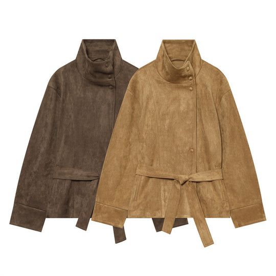 Damen Kurzjacke im Boxy-Cut aus Velourslederoptik mit hohem Stehkragen und Bindegürtel Shop Nory