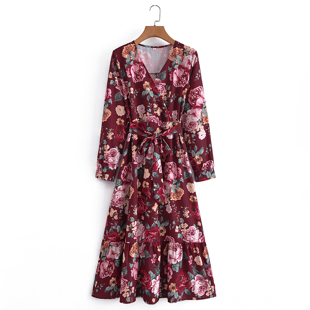 Damen Wickel-Maxikleid mit V-Ausschnitt, Taillengürtel und Stufensaum Shop Nory