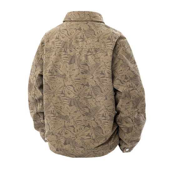 Herren Kordjacke im Truckerstil mit tonalem Blattmuster, Druckknopf‑Front und Pattentaschen Shop Nory