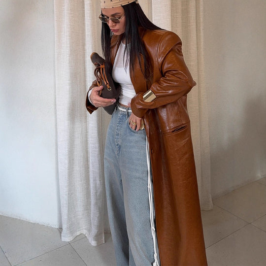 Damen Lang geschnittener Lackleder-Trenchcoat mit Reverskragen und kastiger Oversize-Passform Shop Nory