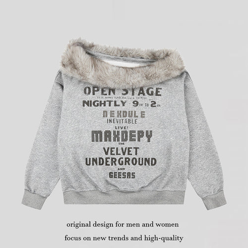Damen Oversize-Sweatshirt mit Kunstfellkragen, weichem Innenfutter und typografischem Statement-Print Shop Nory