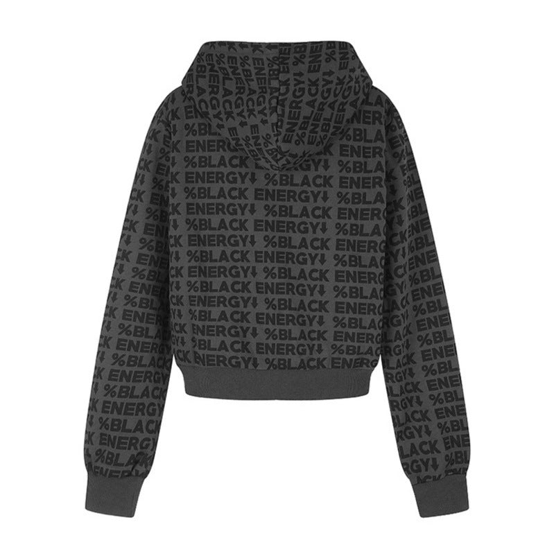Damen kurze Zip-Kapuzenjacke mit Allover-Logoprint und elastischem Rippenbund Shop Nory