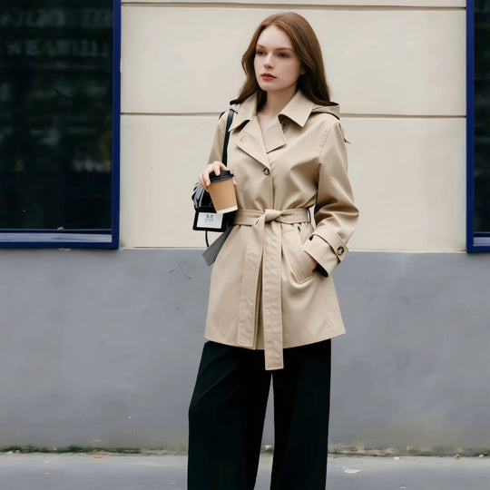 Damen Kurztrenchcoat mit tailliertem Bindegürtel und weitem Revers Shop Nory