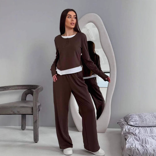 Damen Loungewear-Set aus weichem Modal mit Henley-Knopfleiste und weitem High‑Waist Loungehose Shop Nory