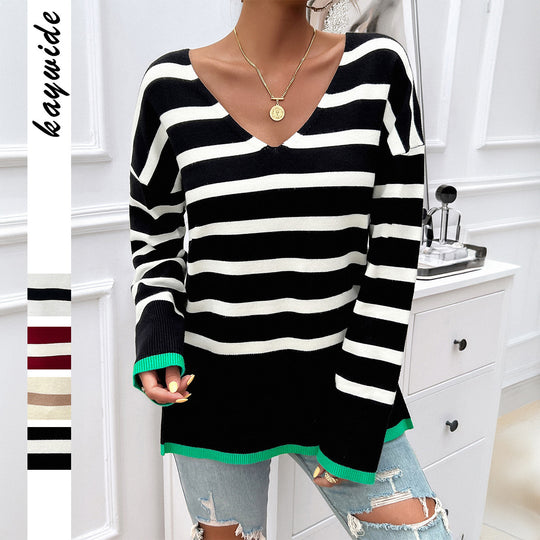Damen nan gestreifter V‑Neck Feinstrickpullover mit verlängertem Tunika‑Schnitt und geripptem Saum Shop Nory