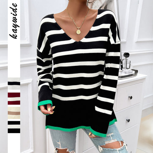Damen nan gestreifter V‑Neck Feinstrickpullover mit verlängertem Tunika‑Schnitt und geripptem Saum Shop Nory