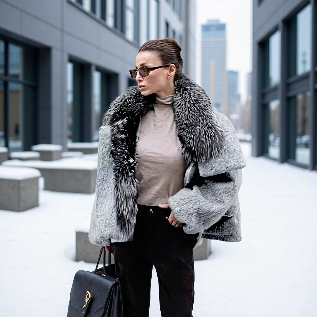 Damen Kurzjacke aus Kunstfell im Oversize‑Cut mit voluminösem Webpelzkragen Shop Nory