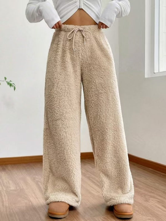 Damen nan hochtaillierte Teddyfleece-Loungehose mit weitem Bein, Kordelzug und seitlichen Eingrifftaschen Shop Nory