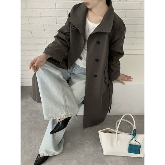 Damen Midilanger Trenchcoat mit hohem Stehkragen, Bindegürtel und lässiger Oversize-Silhouette Shop Nory