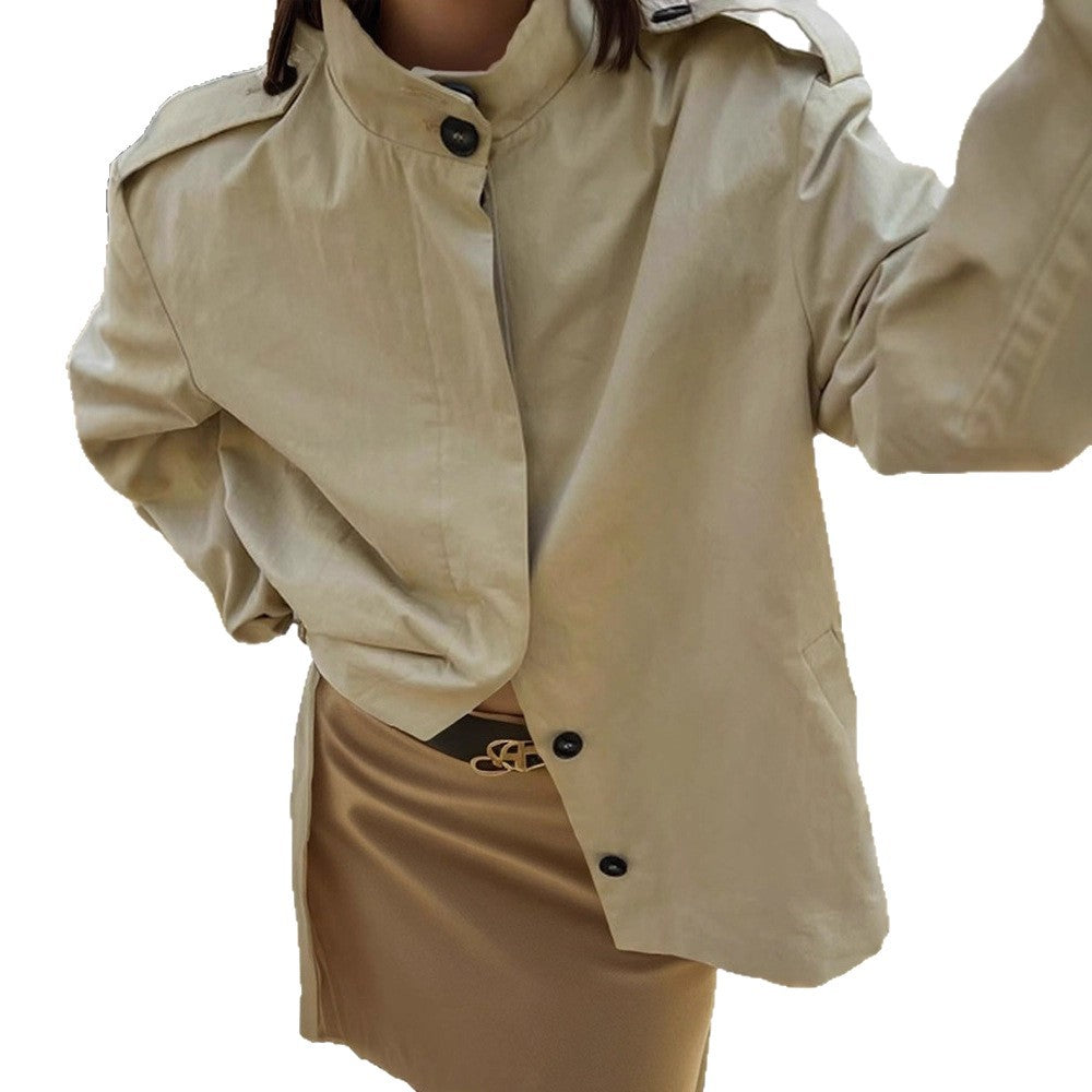 Damen Kurzbluse-Trench mit Stehkragen, Schulterpatten und Ballonärmeln Shop Nory