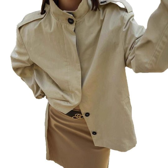 Damen Kurzbluse-Trench mit Stehkragen, Schulterpatten und Ballonärmeln Shop Nory