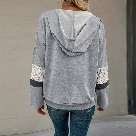 Damen V‑Ausschnitt Kapuzen-Sweatshirt mit Spitzenbesatz an den Ärmeln und Kängurutasche Shop Nory