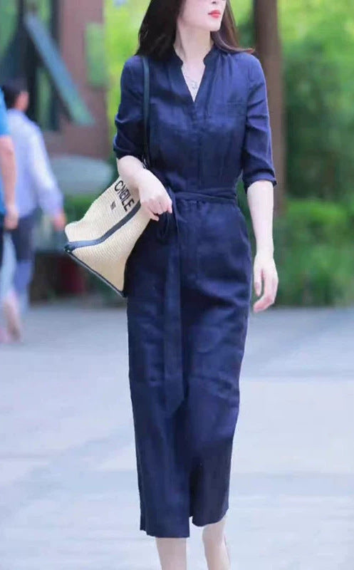 Damen Leichter Culotte-Jumpsuit mit Stehkragen, 3/4-Ärmeln und Taillengürtel Shop Nory