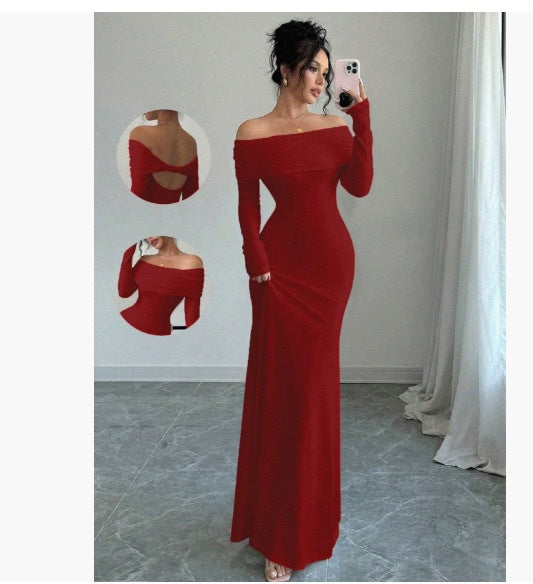 Damen Elegantes Off-Shoulder-Maxikleid mit figurbetontem Schnitt und langen Ärmeln