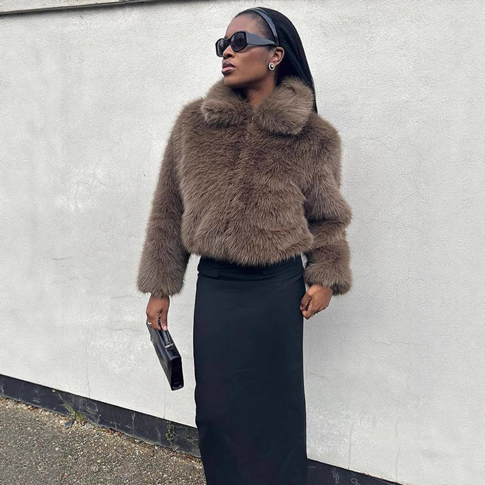 Damen Kurzer Boxy Kunstpelz-Blouson mit voluminösem Schalkragen und gefütterter Innenverarbeitung Shop Nory