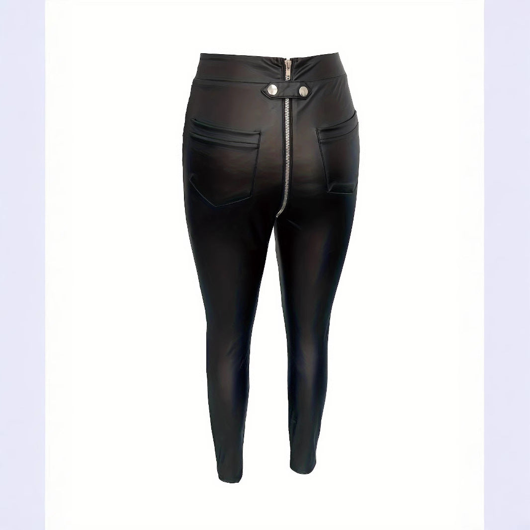 Damen Modische Kunstlederleggings mit Reißverschluss und Taillierung