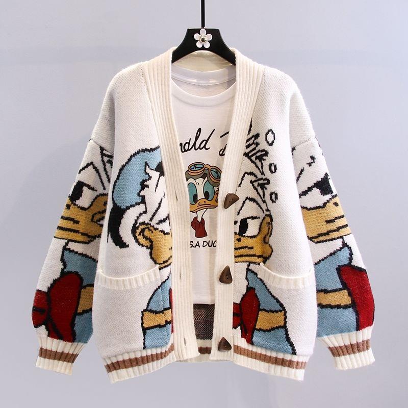 Damen Oversize-Strickcardigan mit Comic-Jacquardmuster und aufgesetzten Taschen Shop Nory