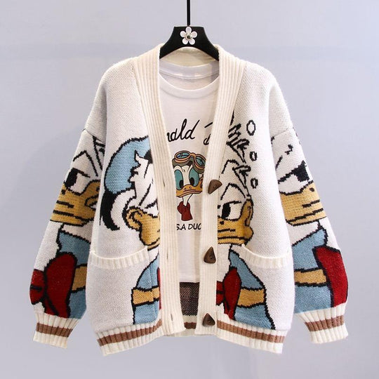 Damen Oversize-Strickcardigan mit Comic-Jacquardmuster und aufgesetzten Taschen Shop Nory