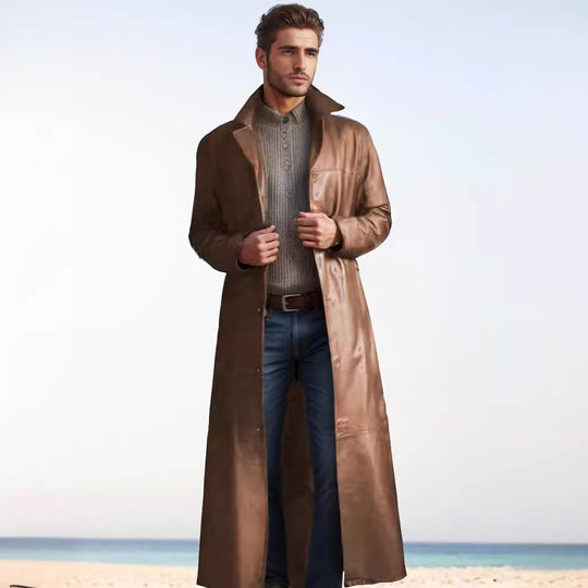 Herren Langer Ledermantel im Trench-Stil mit schmaler Silhouette und Stehkragen Shop Nory