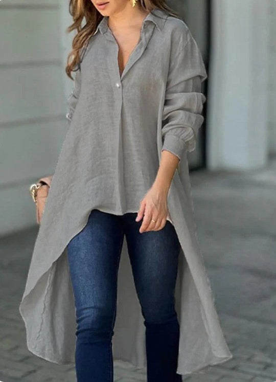 Damen Leichte Leinen‑Tunika‑Bluse mit asymmetrischem High‑Low‑Schwanz und Hemdkragen Shop Nory