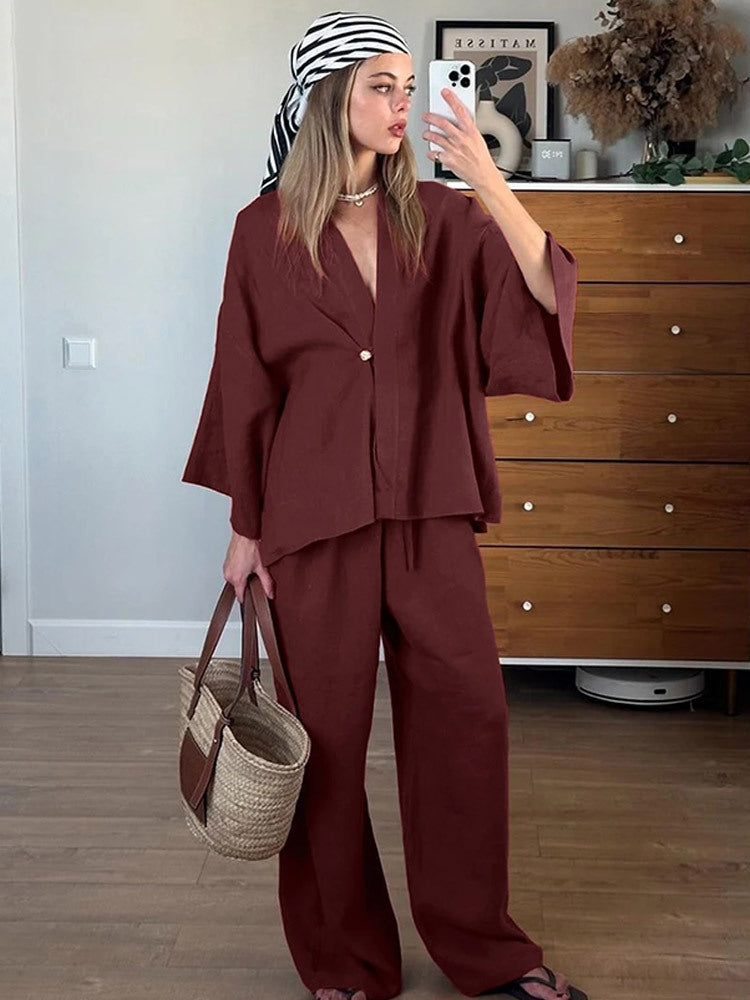 Damen Lässiges Leinenoptik-Zweiteiler mit Kimono-Blazer und weiter Palazzohose Shop Nory