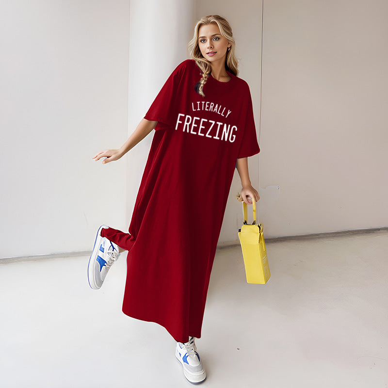 Damen nan lässiges Oversize Maxi-T-Shirt-Kleid mit Rundhals und Statement-Print Shop Nory