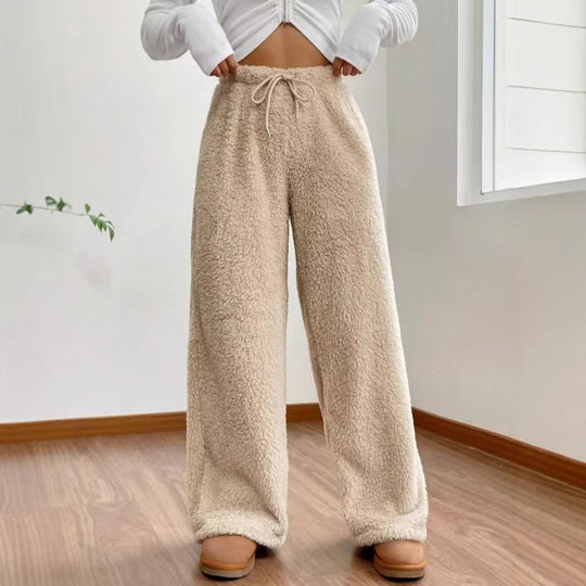 Damen nan hochtaillierte Teddyfleece-Loungehose mit weitem Bein, Kordelzug und seitlichen Eingrifftaschen Shop Nory