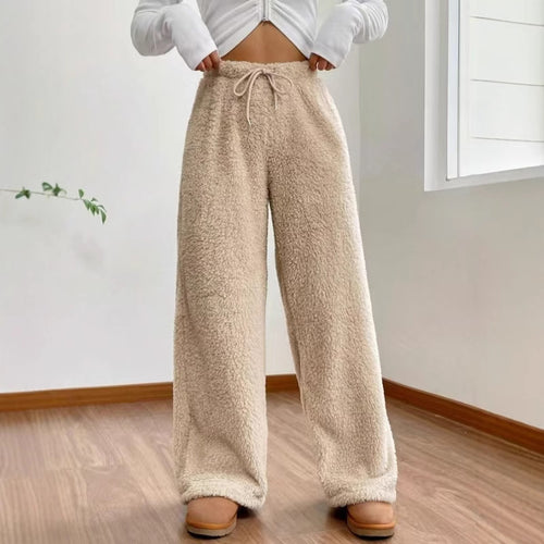 Damen nan hochtaillierte Teddyfleece-Loungehose mit weitem Bein, Kordelzug und seitlichen Eingrifftaschen Shop Nory