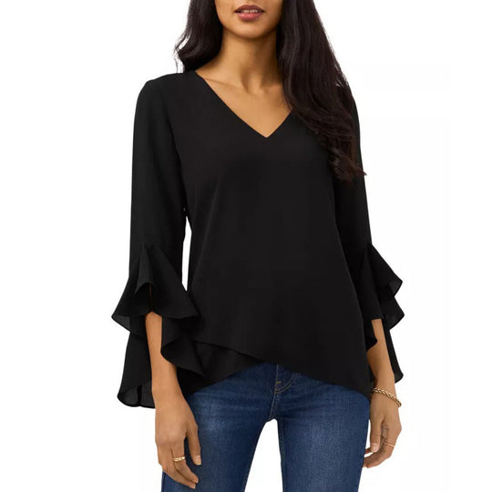 Damen Chiffon-Bluse mit V-Ausschnitt, asymmetrischem Saum und Volant-Ärmeln Shop Nory