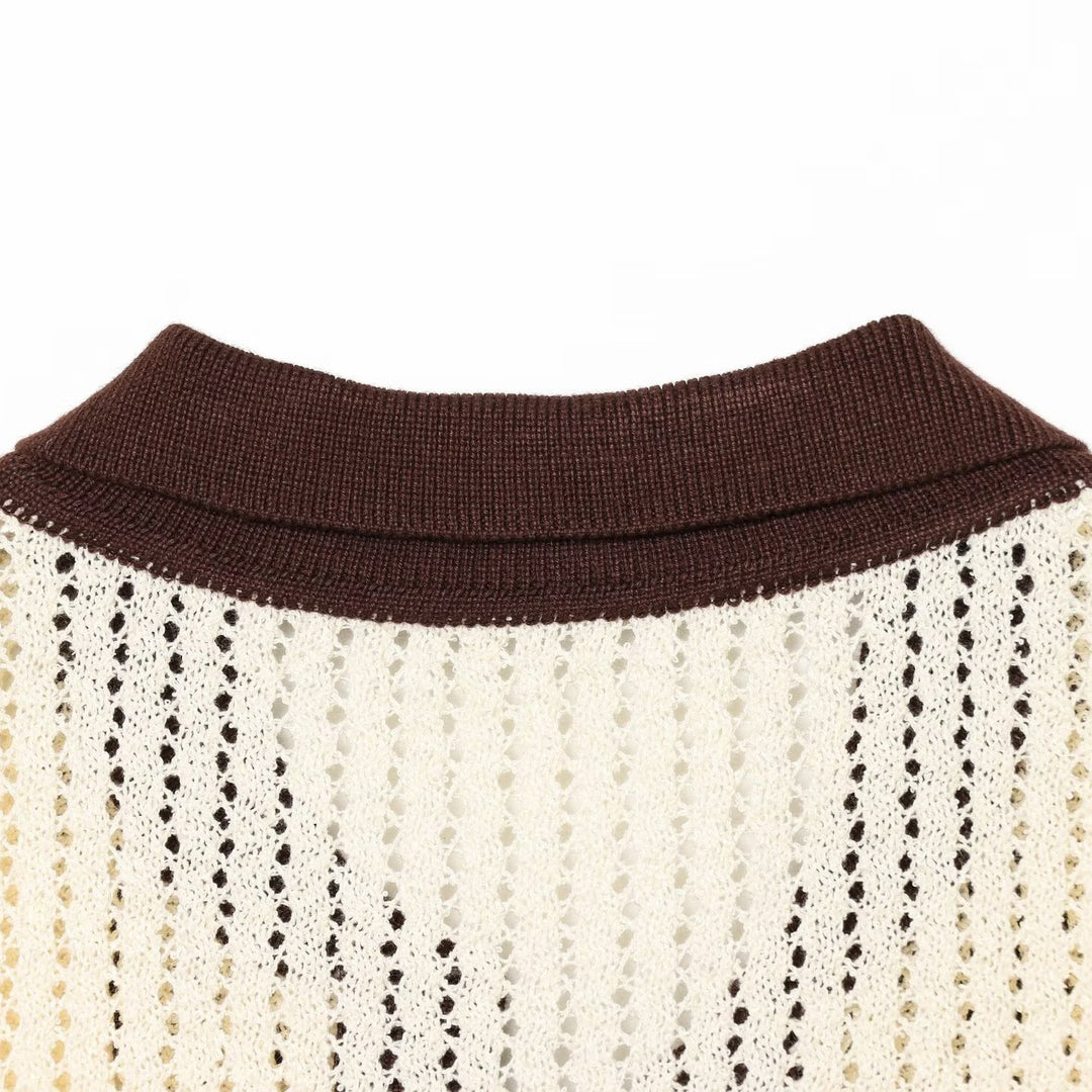 Damen Kurzarm-Polopullover aus Lochstrick mit offenem V-Ausschnitt Shop Nory