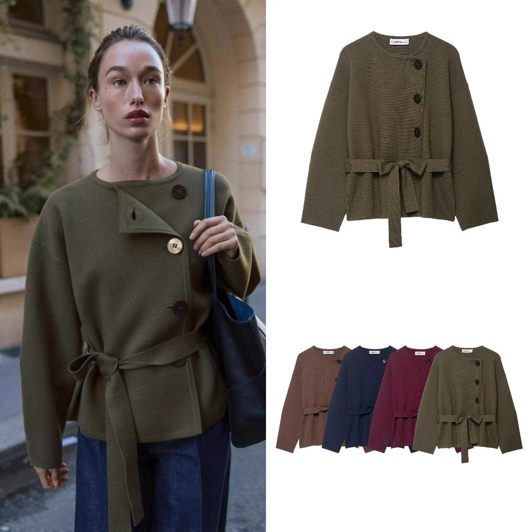 Damen Strickjacke mit asymmetrischer Knopfblende und Taillengürtel Shop Nory