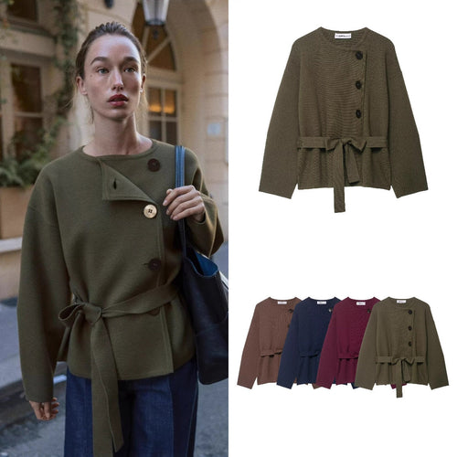 Damen Strickjacke mit asymmetrischer Knopfblende und Taillengürtel Shop Nory