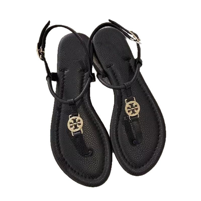 Damen elegante flache Riemchen-Sandalen mit Zehensteg und goldener Zierapplikation Shop Nory