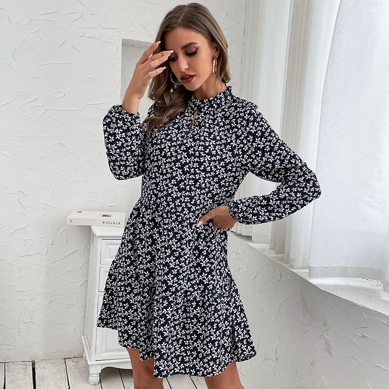 Damen Gestuftes Minikleid mit Stehkragen, Blumenprint und taillierter A‑Linie Shop Nory