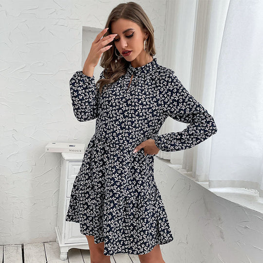 Damen Gestuftes Minikleid mit Stehkragen, Blumenprint und taillierter A‑Linie Shop Nory