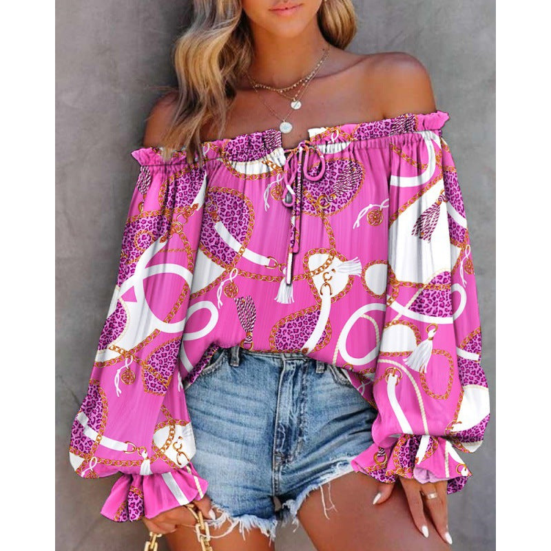 Damen Off-Shoulder Bluse mit Buntem Muster und Elastischem Saum Shopnory
