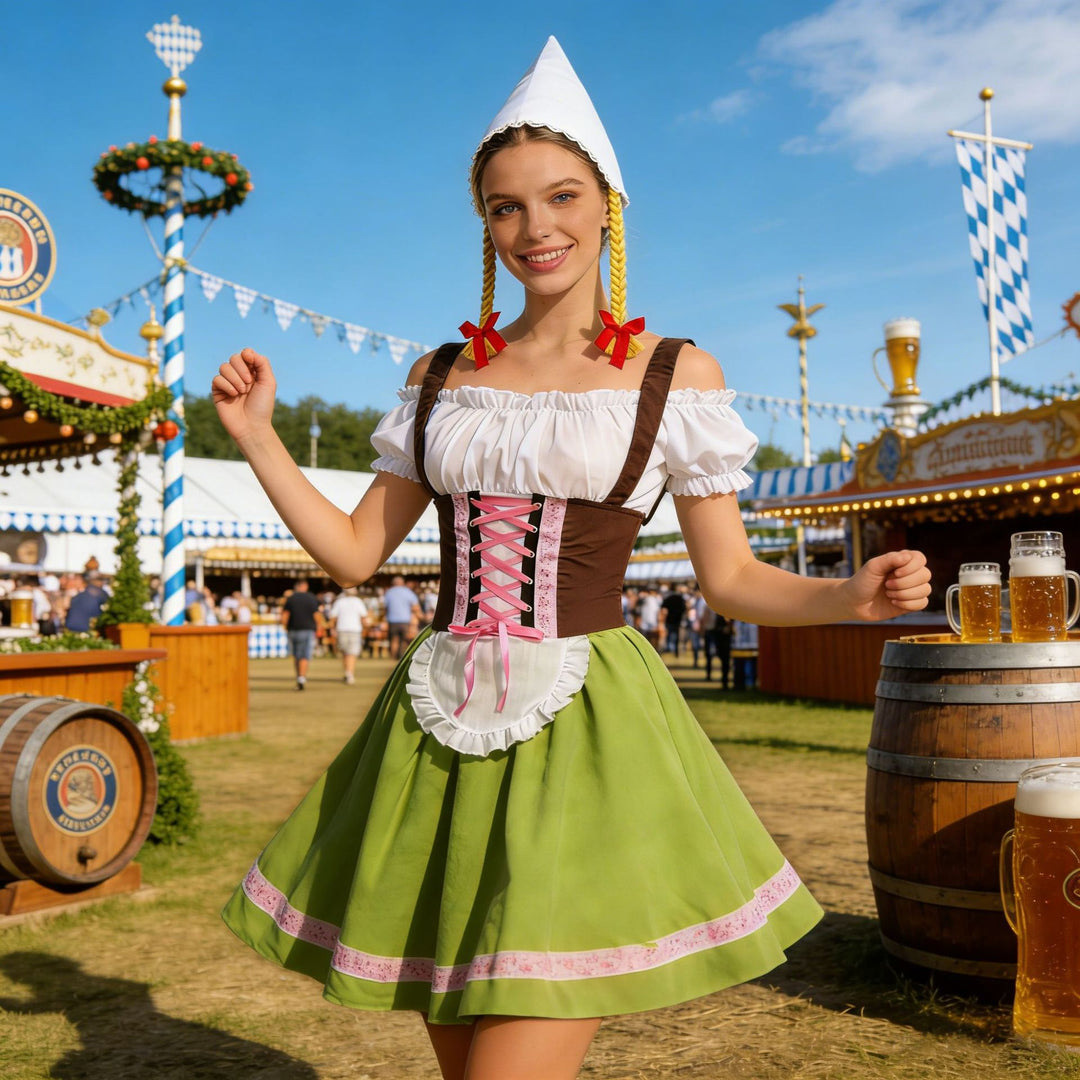 Damen nan traditionelles Dirndl-Kostüm mit Schnürung, Schürze und spitzem Kopftuch Shop Nory
