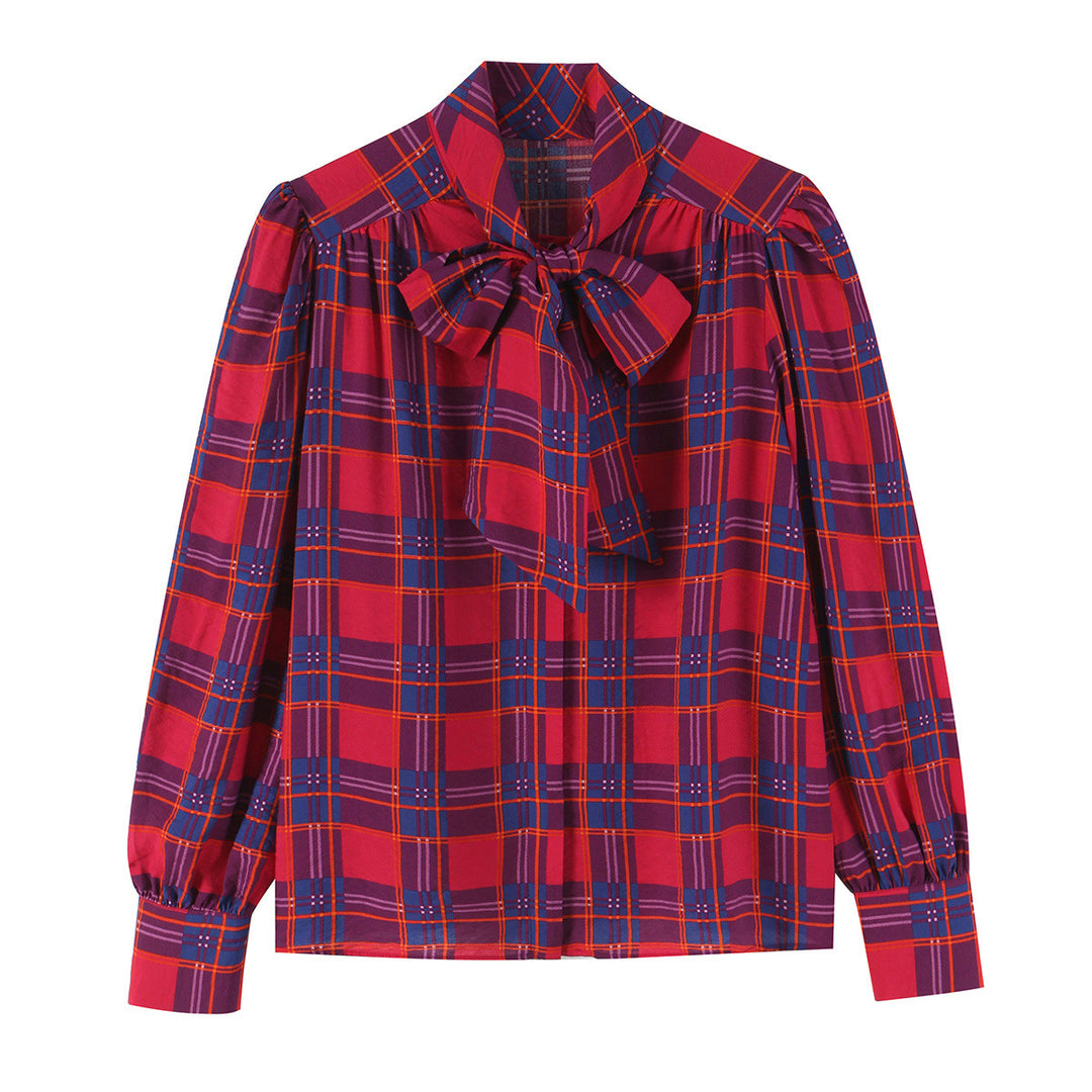 Damen Schluppenbluse mit Karo-Muster, Volumenärmeln und breiten Manschetten Shop Nory