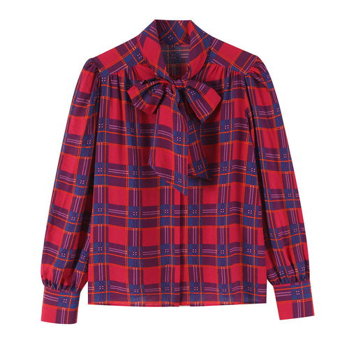 Damen Schluppenbluse mit Karo-Muster, Volumenärmeln und breiten Manschetten Shop Nory