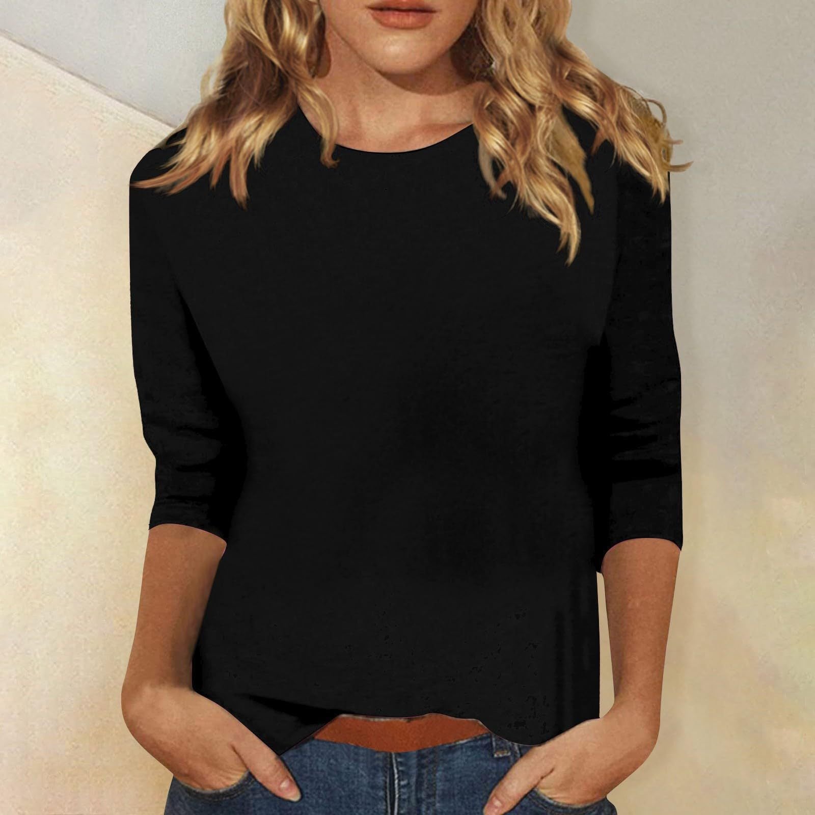 Damen Lockeres Baumwollshirt mit 3/4-Ärmeln